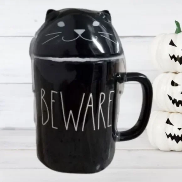 Rea Dunn Black Cat Mug BEWARE With Lid 16oz - Picture 2 of 4